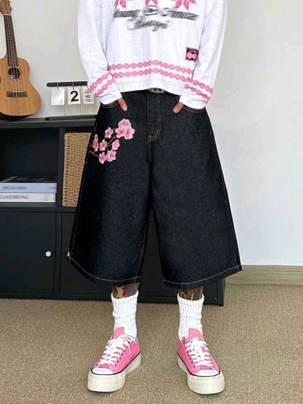 Black Denim Men’s Wide-Leg Jean Shorts with Pink Floral Embroidery